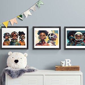 Conjunto de 3 impresiones de moda de arte negro / Conjunto de arte de pared para habitación de niños / Astronauta infantil genial / Arte de pared para niños afroamericanos / Limitado a 100 descargas