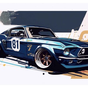 Arte mural de Mustang vintage / Impresión artística grande / Impresión de coche de carreras / Decoración de pared de oficina / Arte mural automotriz