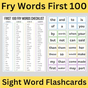 Fry Words Pierwsze 100 kart ze słowami wzrokowymi, Fry Words 1st 100, Edukacja domowa, Przedszkole, Przedszkole, Słowa wzrokowe, Karty z obrazkami, Lista kontrolna