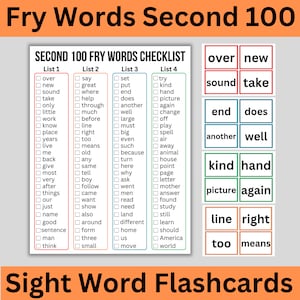 Fry Words Second 100 Sight Words Flashcards, Homeschool, Montessori, Kindergarten, First Grade, Flashcards, Learning to Read, Sight Words