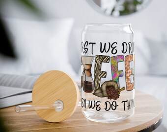 Vaso para sorber, tapa de bambú, 16 oz, café, café primero, humor, vaso de café helado