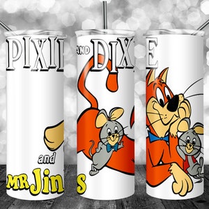 May include: White tumbler featuring cartoon characters Pixie, Dixie, and Mr. Jinks. The tumbler has a black straw and a design with the characters in orange, gray, and yellow. The text "Pixie and Dixie and Mr. Jinks" is printed on the tumbler.