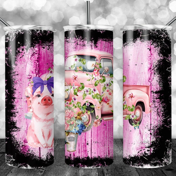 Pig - Vintage Truck - Pink - Farm Animals - Flowers - 20oz Tumbler - Tumbler - Wood - Distressed - Grunge