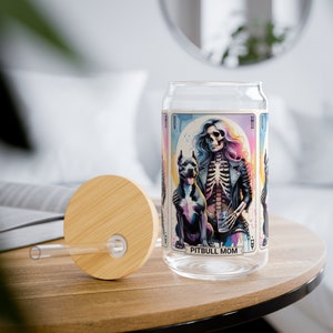Vaso Sipper, 16oz, Tapa de Bambú, Pitbull, Pitbulls, Mamá Pitbull, Raza Bully, Vaso de Café Helado, Vaso de Latte Helado, Esqueleto, Carta del Tarot