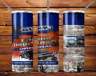 May include: A blue and orange tumbler featuring the GUNK Engine Brite Degreaser Original design. The tumbler has a stainless steel straw and a white lid. The design includes text and images related to engine degreasing.