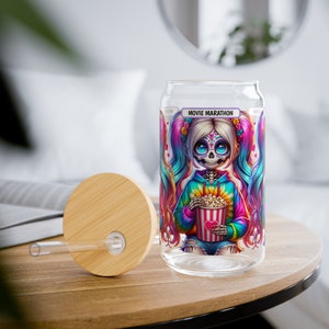 Vaso Sipper, 16oz, Tapa de Bambú, Maratón de Películas, Noche de Cine, Lata de Cerveza de Vidrio, Vaso de Café Helado, Vaso de Latte Helado, Esqueleto, Carta del Tarot