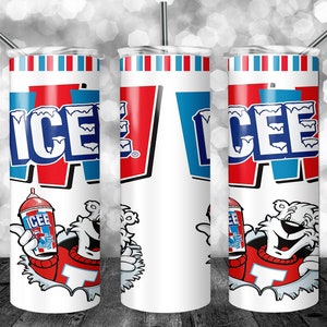 May include: A white tumbler with a red, white, and blue striped top. The tumbler features a cartoon character holding a blue and red can with the word "ICEE" on it. The character is wearing a red and white sweater with a blue "T" on it. The tumbler also features the word "ICEE" in large, blue and red letters.