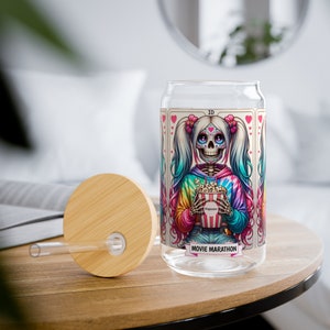 Vaso para sorber, 16 oz, tapa de bambú, esqueleto, noche de cine, fiesta de pijamas, palomitas de maíz, vaso de café helado, vaso de café con leche helado, lata de cerveza, carta del tarot
