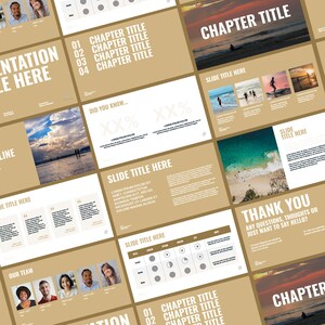 May include: A presentation template with a brown background and white text. The template includes a title slide, a slide with a chart, a slide with a team photo, and a thank you slide. The template also includes a chapter title slide with the text "Chapter Title".