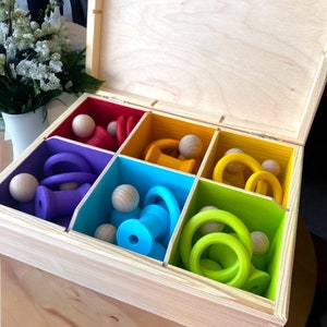 DiDibox, wooden box with doll, bobbins, rings, ball. Montessori play, sorting play image 2