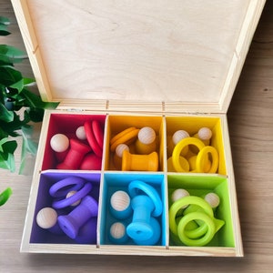 DiDibox, wooden box with doll, bobbins, rings, ball. Montessori play, sorting play image 3