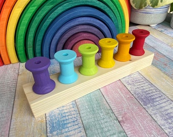Colored bobbins, sorting stand for bobbins, color sorting and learning game, wooden toys