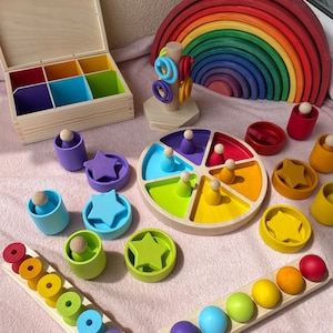 DiDibox, wooden box with doll, bobbins, rings, ball. Montessori play, sorting play image 1