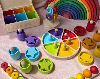 DiDibox, wooden box with doll, bobbins, rings, ball. Montessori play, sorting play