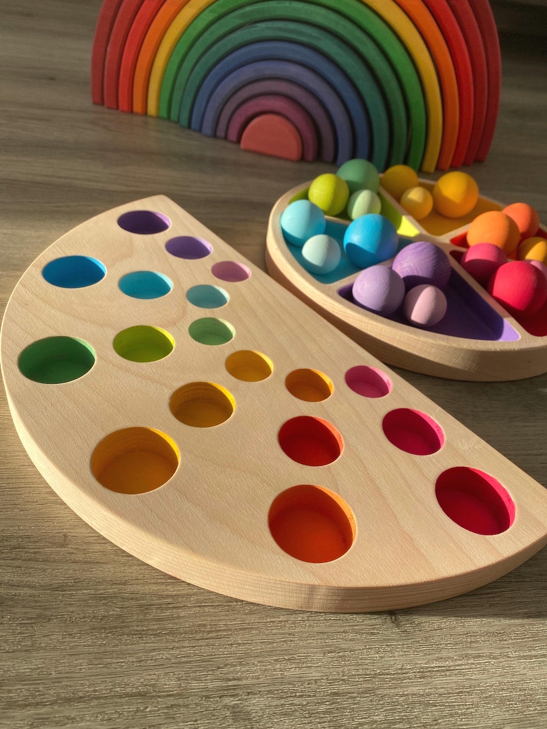 Wooden RAINBOW TRAY for Sorting by SHADE With Bolls. Montessori - Etsy