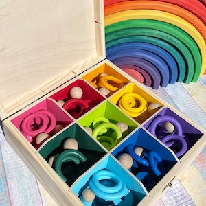 DiDibox, wooden box with doll, bobbins, rings, ball. Montessori play, sorting play image 4