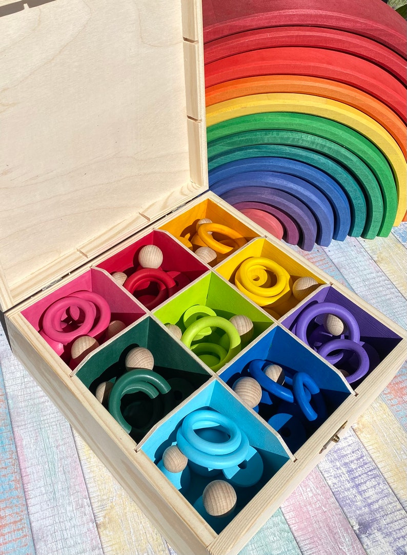 DiDibox, wooden box with doll, bobbins, rings, ball. Montessori play, sorting play image 4