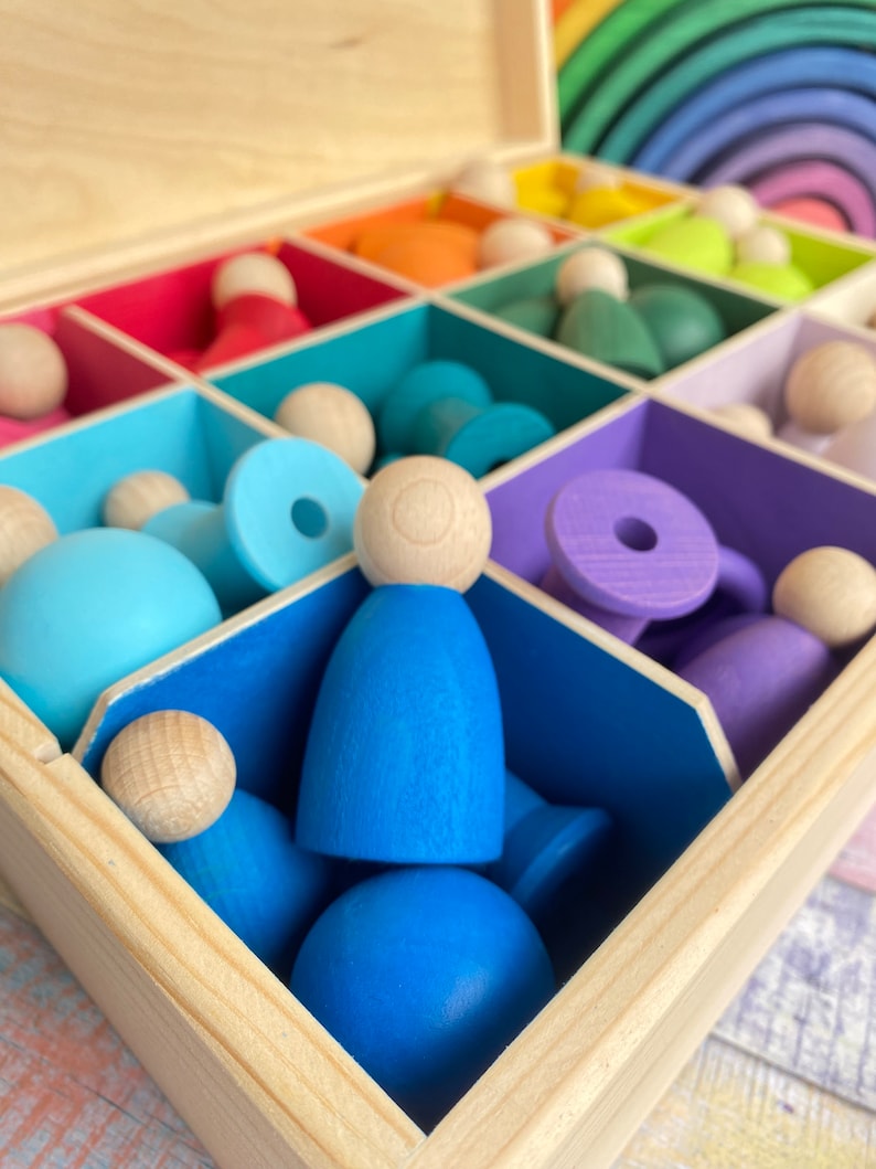 DiDibox, wooden box with doll, bobbins, rings, ball. Montessori play, sorting play image 7