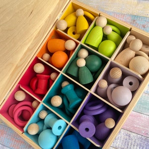 DiDibox, wooden box with doll, bobbins, rings, ball. Montessori play, sorting play image 5