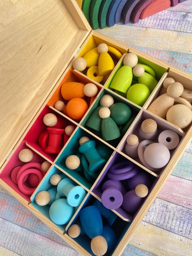 DiDibox, wooden box with doll, bobbins, rings, ball. Montessori play, sorting play image 5