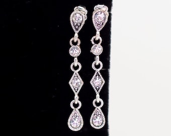 Vintage Long Diamond Teardrop Dangle Earrings by Avon - T15