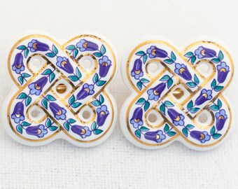 Vintage Porcelain Solomon&#39;s Knot Floral Clip On Earrings by Avon - T15