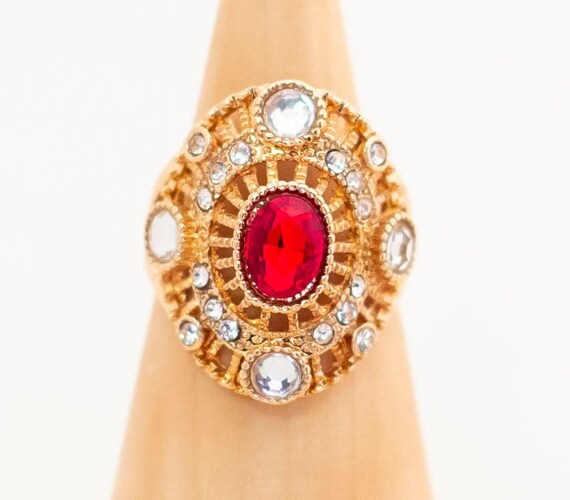 Celtic Art Deco Ruby Red Rhinestone Ring Size 8 1… - image 1