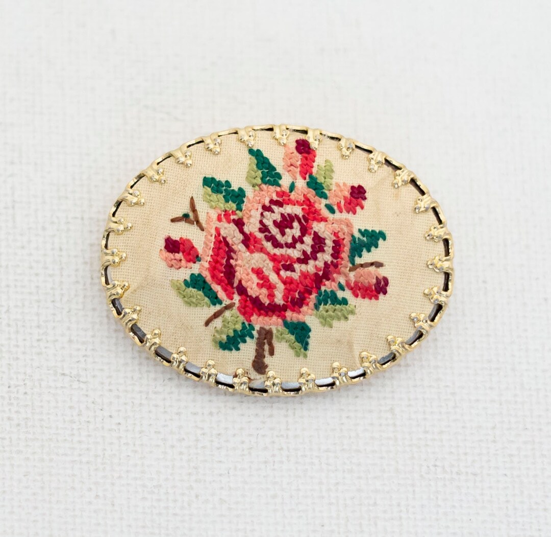 Vintage Rose Embroidery Brooch by West Germany T11 Etsy