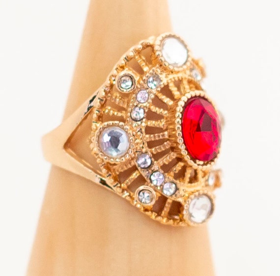 Celtic Art Deco Ruby Red Rhinestone Ring Size 8 1… - image 2