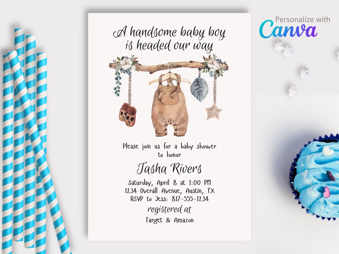 Boho Baby Boy Shower Invitation Baby Clothes Editable Canva Template Digital Photo Invitation