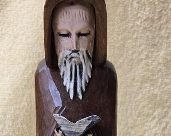 Wooden Hand Carved Wood Monk Priest Statue Figure Reading Bible Painted Rosary