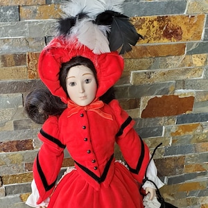 Vintage Franklin Heirloom Doll Porcelain Little Women Jo Red Dress 18&quot; Feathers