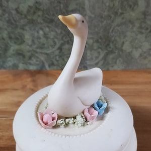 Vintage 2pc Bisque Porcelain Trinket Box Swan Pink Blue Flower Rose w/Lid PRETTY