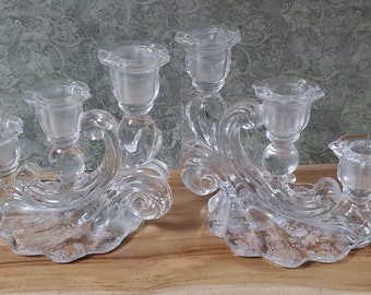 Cambridge Rose Point 3 Lite Tiered Candlesticks Set Of 2 Crystal Rose Etched