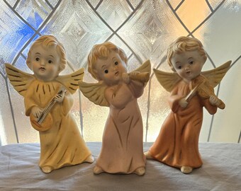 Vintage Homco Cherub Angels #5400 Musical Instruments Horn Lute Violin 6" Figure