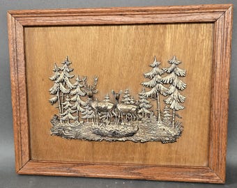 Vintage 3D Relief Deer in Forest Scene Vintage Cabin Decor Wood Framed Art MCM
