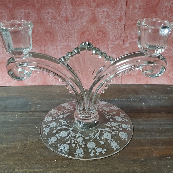 Vintage TIFFIN Cherokee Rose Double Candlestick Beaded Blown Glass Etched Crystal