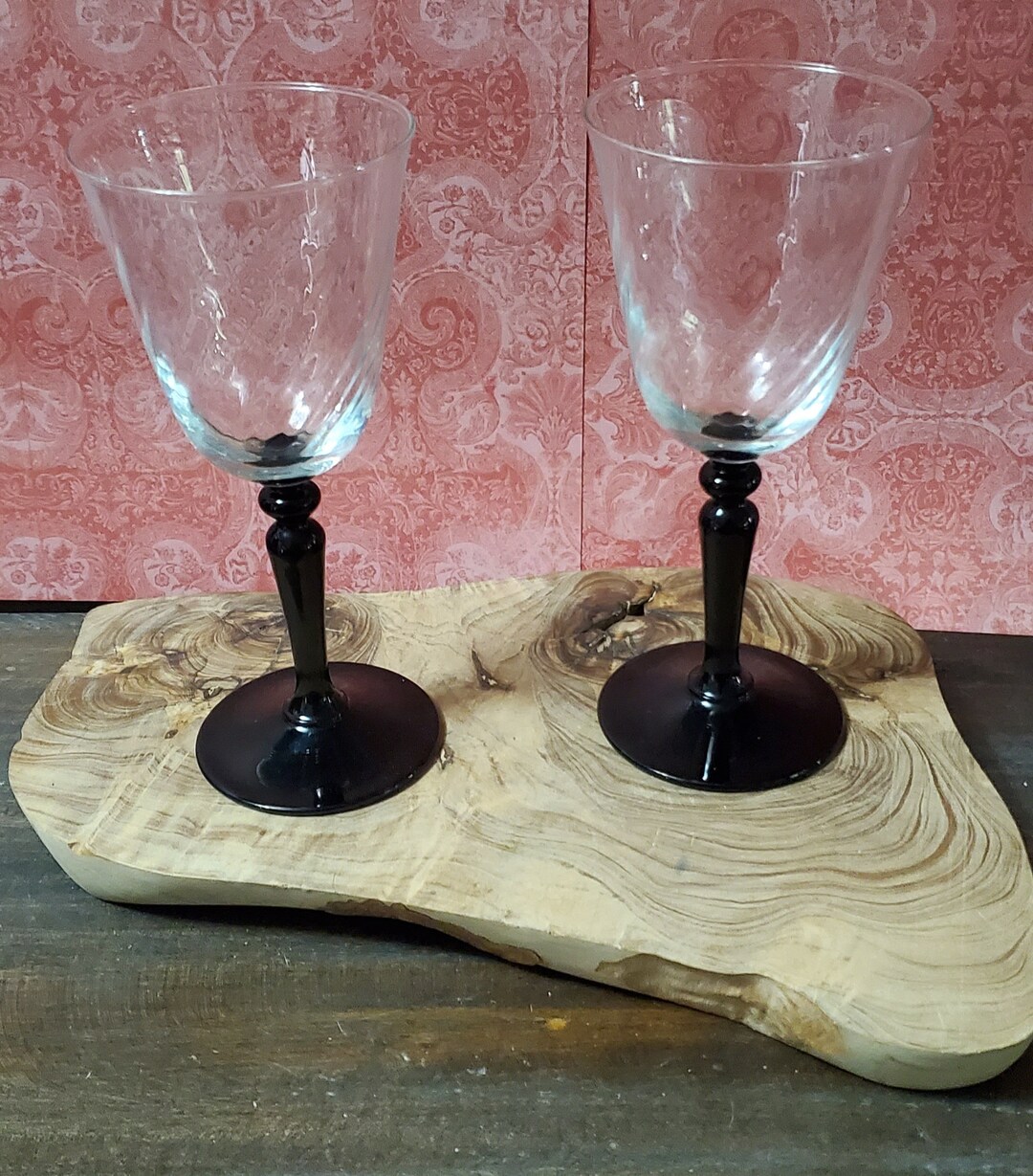 Vintage Luminarc Wine Glasses Black Stem Optical Swirl Bowl FRANCE Set