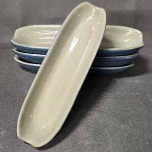 4 Vintage Dusty Blue Ceramic Corn Serving Oval Plates