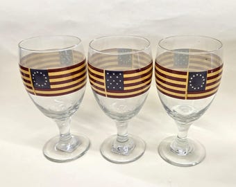 3 Vintage Coventry Liberty Pattern American & Colonial Flag 7" Goblet 14oz