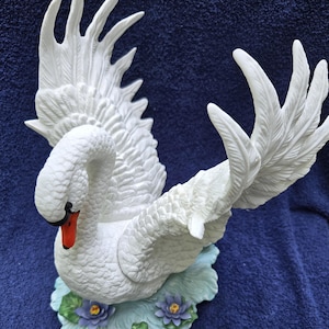 Large Vintage Bisque Porcelain 10&quot; White Swan Wings Extended Figurine Sculpture