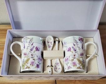 Delton Lavender Porcelain Mugs w/Spoons in Gift Box Tea Coffee Cup Floral Mug Mothers Day