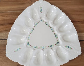 White Vintage 70's Deviled Egg Triangle Platter Plate Blue Floral Center Unique