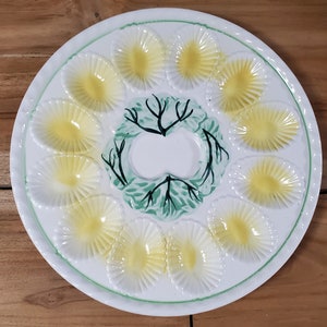 Vintage Ceramic 10.25" Dozen Deviled Egg Plate White Yellow Green Holiday