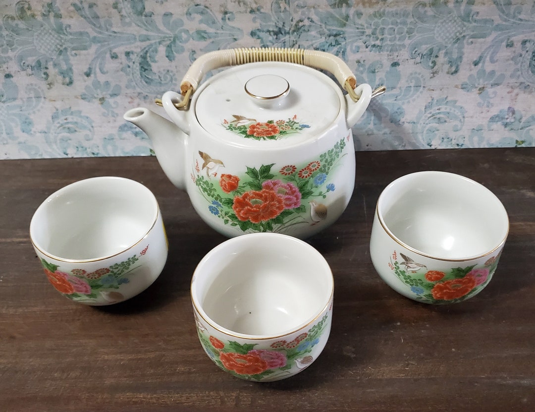 Vintage Japanese Kutani Tea Set Enamel Flowers Quail Bird 5 Pc Etsy