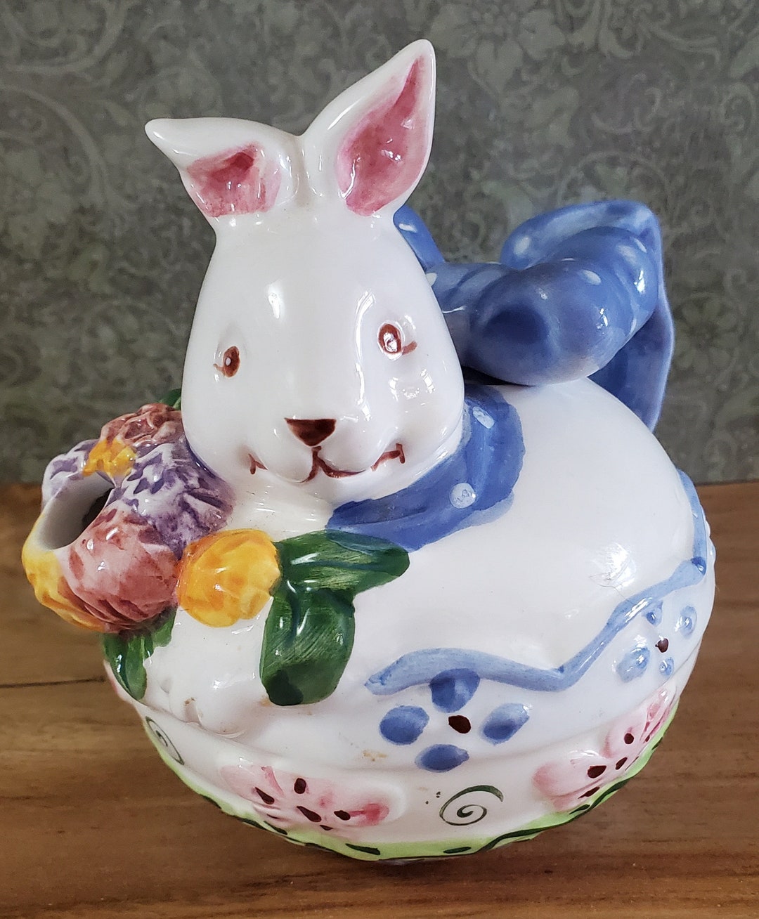 Vintage Unmarked White Multicolored Floral Bunny Rabbit Ceramic Teapot ...