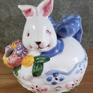 Vintage Unmarked White Multicolored Floral Bunny Rabbit Ceramic Teapot Blue Bow