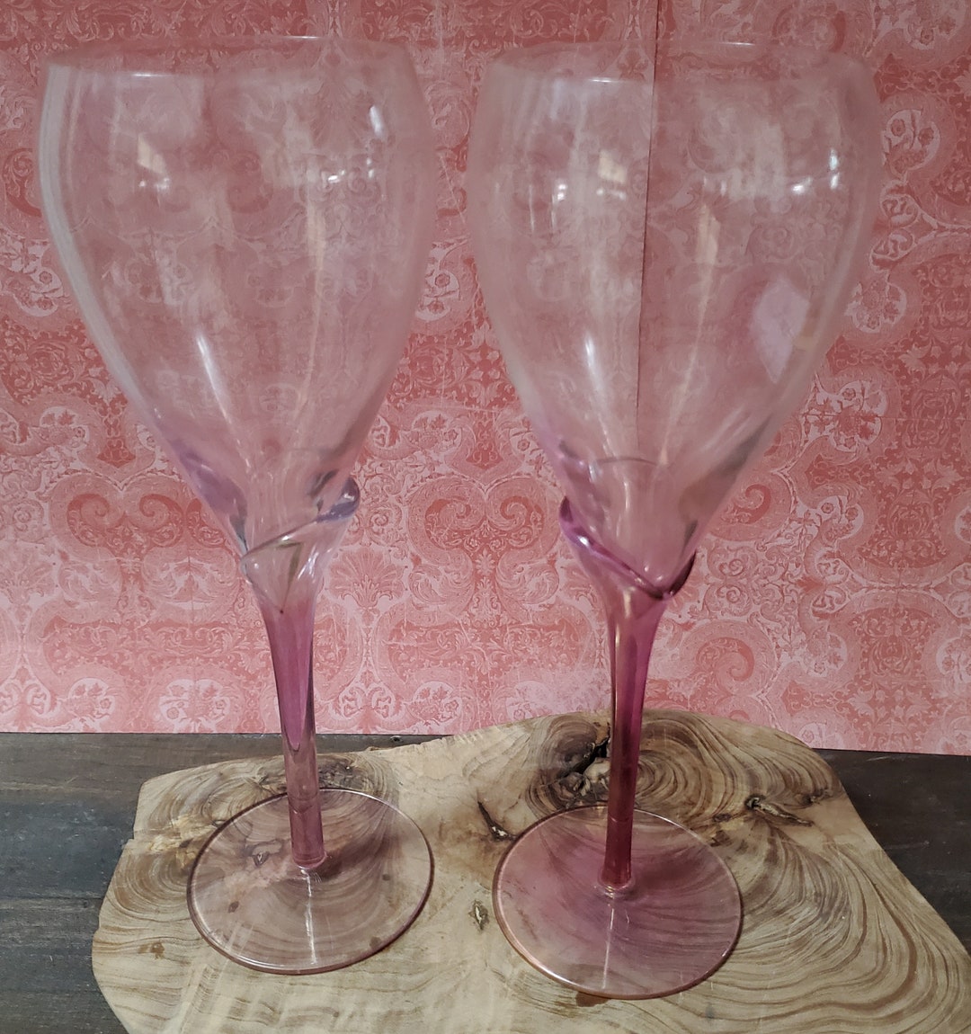 Vintage Pink Rose Wine Glasses Goblets Clear W/tulip Stem Etsy