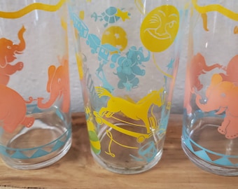 3 Vintage Carousel Circus Animals Nursery Rhymes Pastel 1950s TUMBLERs