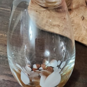Set of 4 Stemless Wine Water Glass Artisan Hand Blown White Copper Metallic Gold
